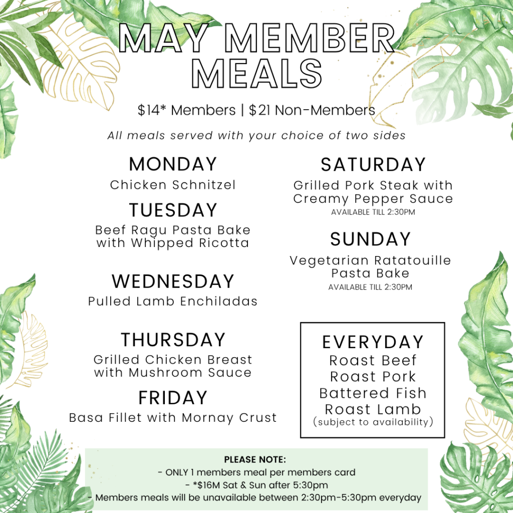 May Member Meals menu with daily specials, sides choice, member and non-member prices, and an everyday roast section. Decorative leaves border the text.