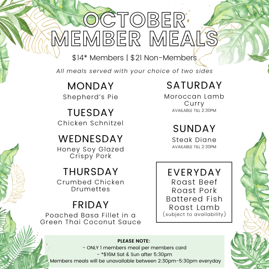 Menu for October member meals listing daily main dishes and prices, with options for sides and extra notes about meal periods and service times, decorated with green tropical leaves.