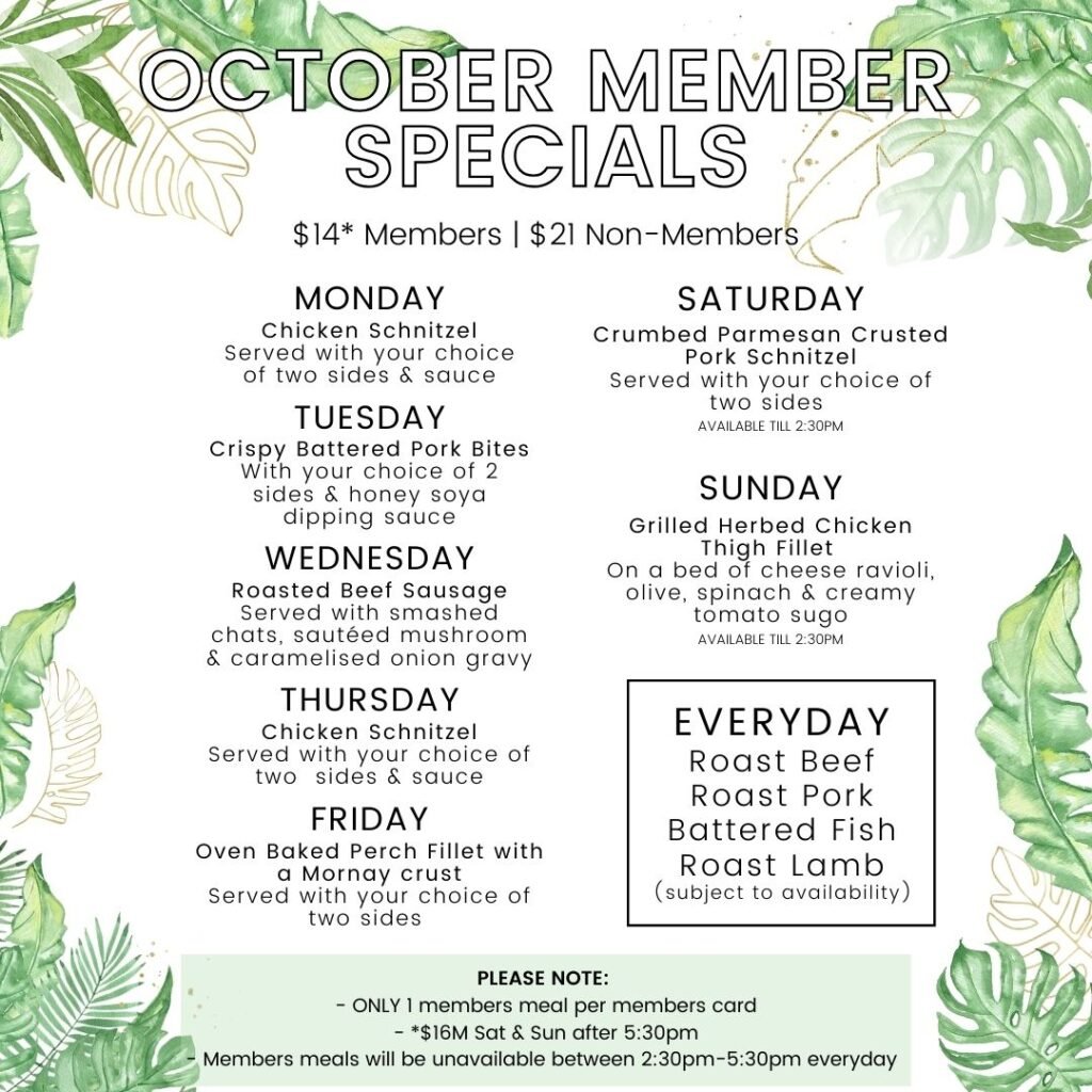 October member specials menu featuring daily lunch and dinner options such as schnitzel, pork bites, sausage, fish, and roast, with prices and meal times listed. Background has green leaf accents.