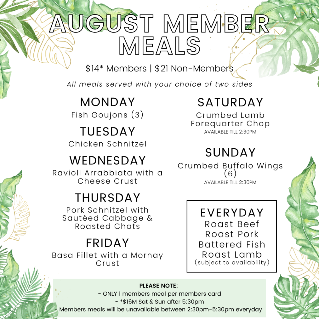 Menu for August member meals showing daily specials, prices for members and non-members, and available sides, with a tropical leaf border and additional notes at the bottom.