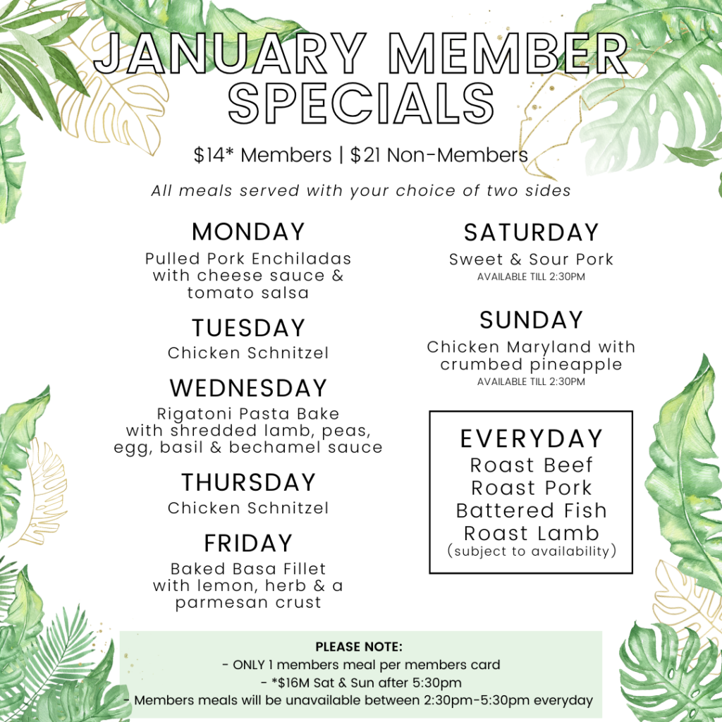 Menu displaying January member specials with daily meal options, sides, and prices for members and non-members; includes notes on availability and meal times. Green leaf border decorates the edges.