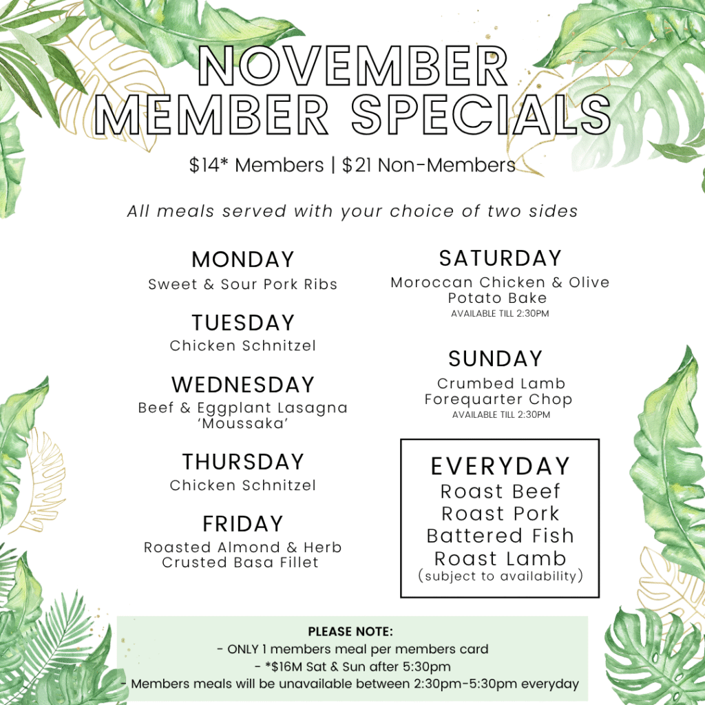 November member specials menu with daily main dish offerings, meal prices, two sides included, and a note on meal availability and serving times. Green tropical leaf border decorates the menu.