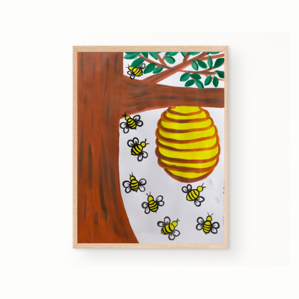A framed drawing of bees flying around a striped yellow beehive hanging from a tree branch with green leaves.
