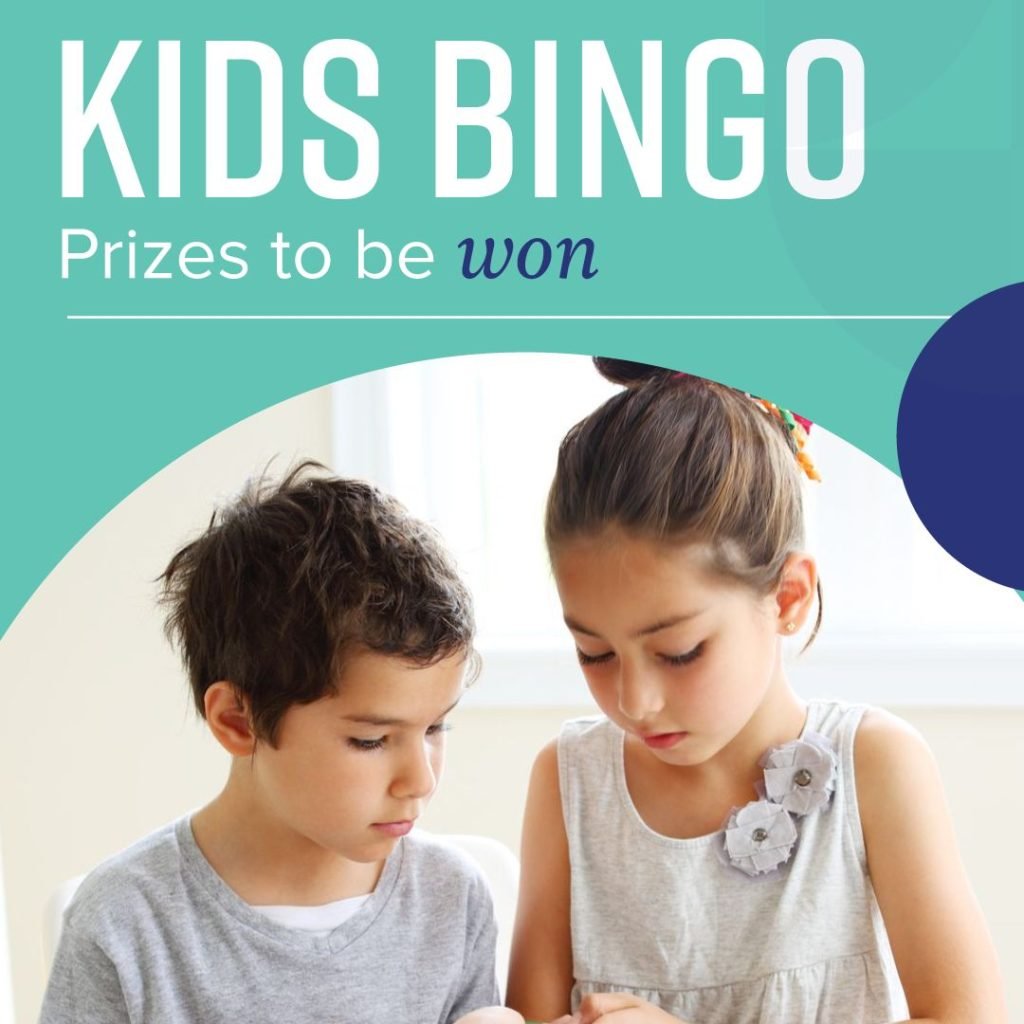 A boy and girl sit together indoors, focused on a game. Text above reads "Kids Bingo. Prizes to be won.
