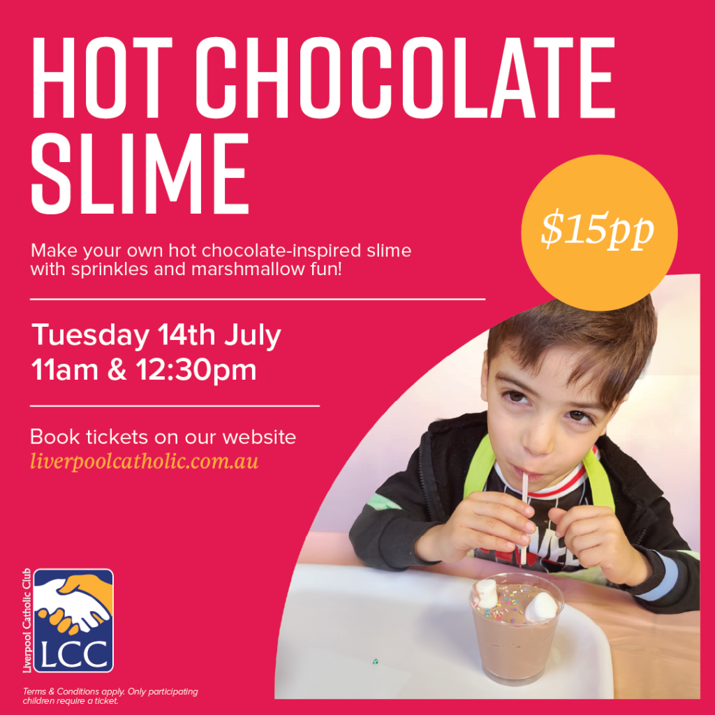 A young boy sits at a table drinking hot chocolate with marshmallows, promoting a "Hot Chocolate Slime" event on July 14th by Liverpool Catholic Club.