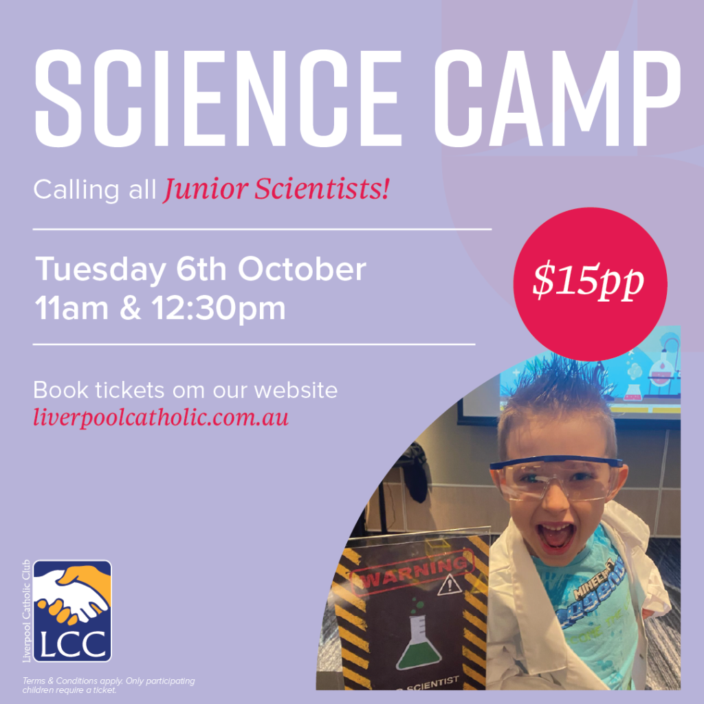 Poster for a science camp for junior scientists on Tuesday, 6th October at 11am and 12:30pm, $15 per person, with a child in a lab coat and goggles shown.