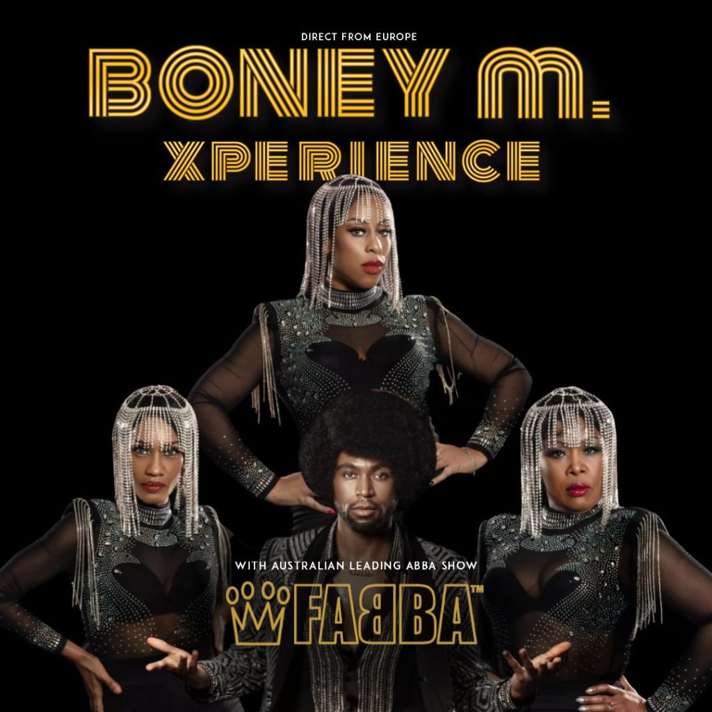 Four performers in glamorous outfits pose against a black background with the text "Boney M. Xperience" above and "with ABBA show FABBA" below in bold, stylized lettering.