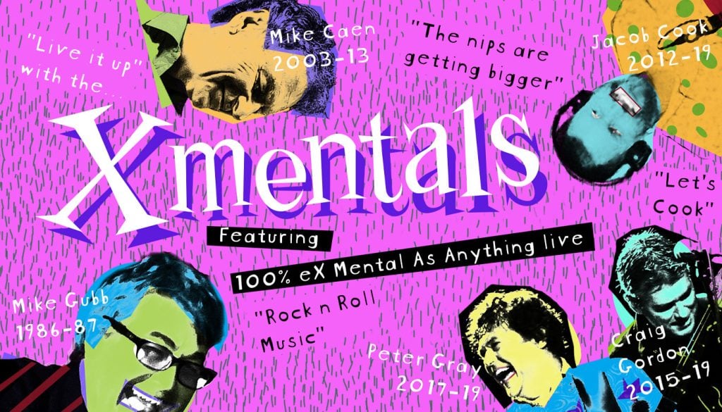 Colorful promotional poster for the band Xmentals, featuring stylized portraits of six members, their names, and active years on a pink and purple background with bold text.