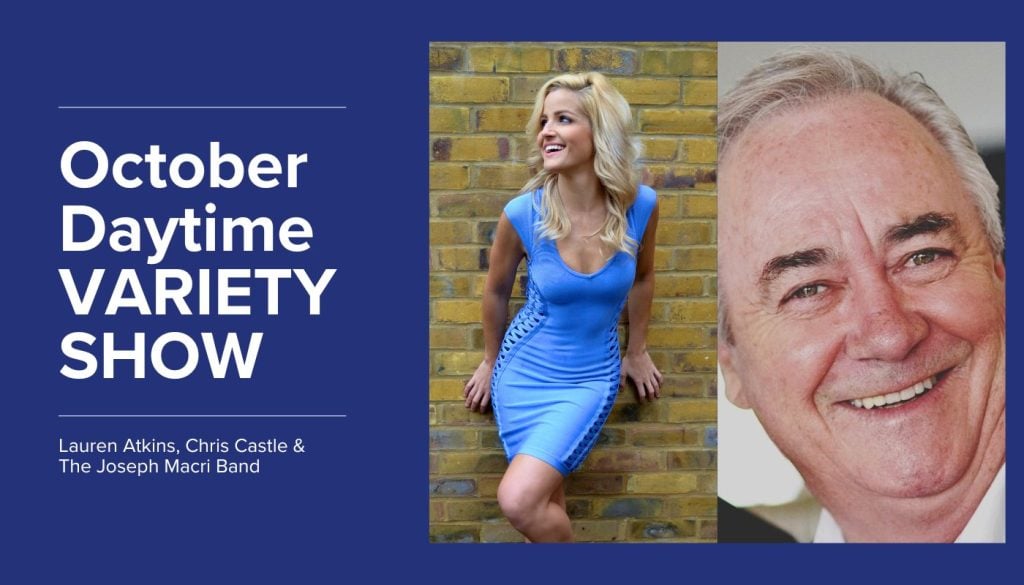 Promotional poster for the October Daytime Variety Show featuring photos of a woman in a blue dress and a smiling older man, with event details on a blue background.