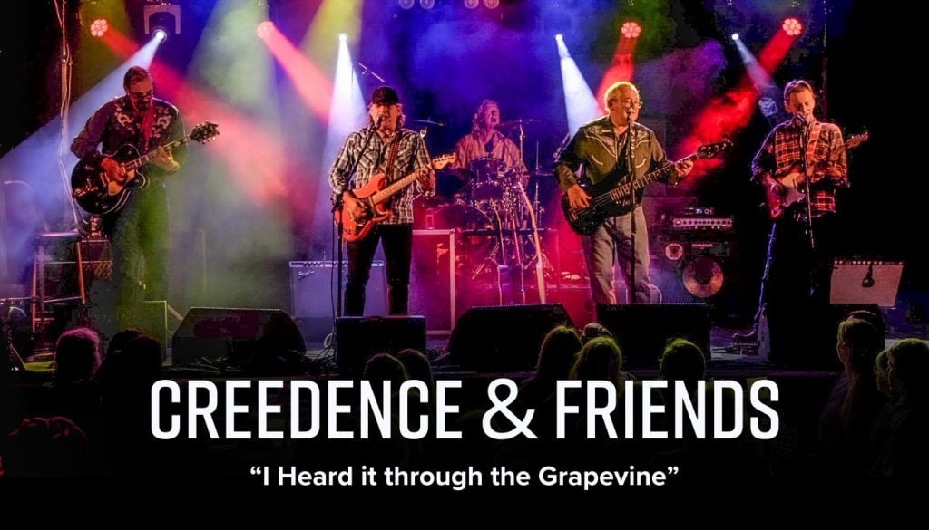 Five musicians perform on a colorful, lit stage with guitars and drums. Text reads “Creedence & Friends – 'I Heard it through the Grapevine.'” Audience silhouettes are visible in front.