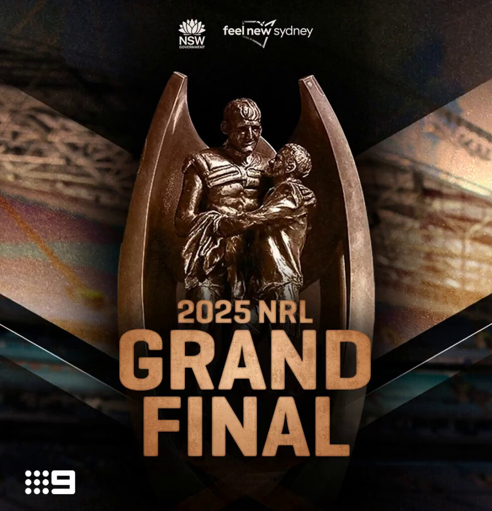 Poster for the 2025 NRL Grand Final featuring the trophy, event details, and broadcast information: "Live & Loud Sun 7:30PM" on Channel 9.