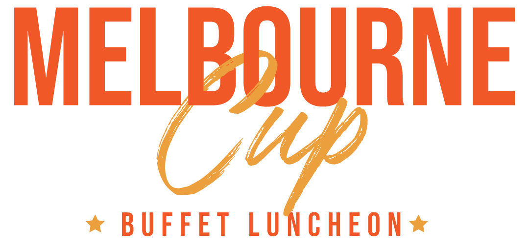 Text logo reads "Melbourne Cup Buffet Luncheon" with "Melbourne" in large orange font, "Cup" in a script-style gold font, and "Buffet Luncheon" in smaller orange capitals with stars.