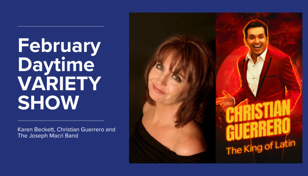 Promotional graphic for the February Daytime Variety Show, featuring portraits of two performers and event details on a blue background.