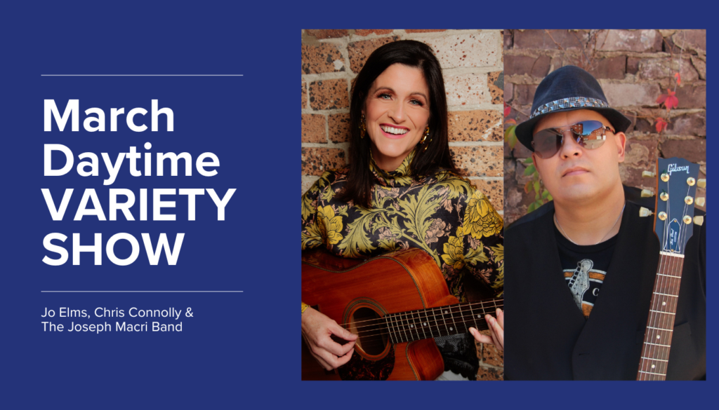 Two musicians, one woman with an acoustic guitar and one man wearing sunglasses and a hat with an electric guitar, are pictured next to text promoting the March Daytime Variety Show.