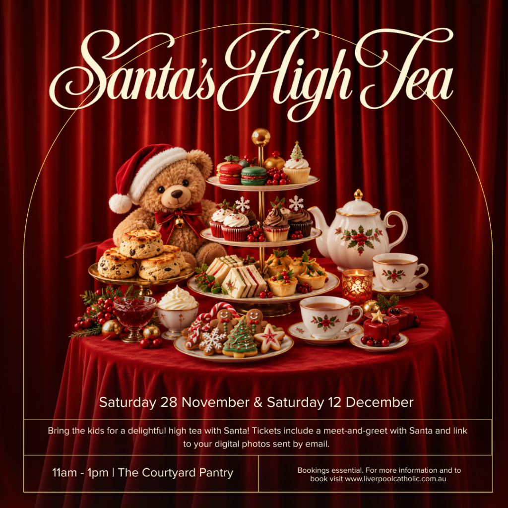 Poster for Santa’s High Tea event on November 28 and December 12 at The Courtyard Pantry, featuring a table set with holiday treats and a teddy bear. Includes booking information and event details.
