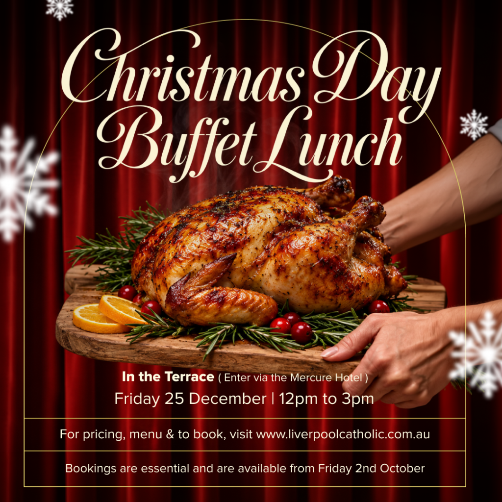 Whole roasted chicken on a platter with garnish, set against festive red curtains. Text promotes a Christmas Day Buffet Lunch event on December 25, including time, location, and booking info.