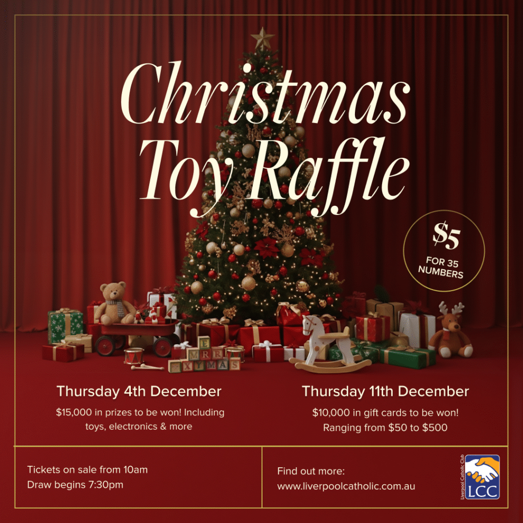 A decorated Christmas tree with gifts is displayed in front of red curtains, promoting a Christmas Toy Raffle with prize and event details.