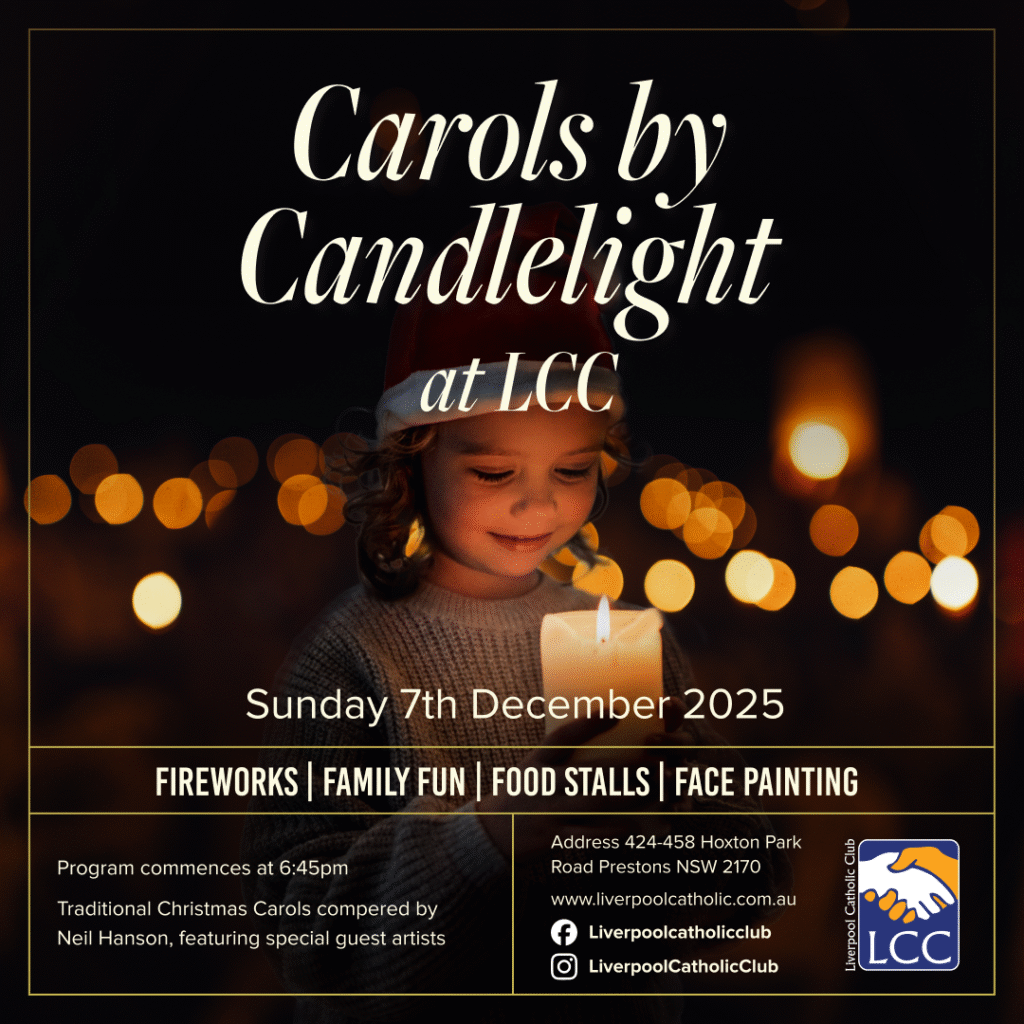 A child holding a lit candle wears a Santa hat at night. Text promotes a Carols by Candlelight event at Liverpool Catholic Club on December 7, 2025, with fireworks, food stalls, and more.