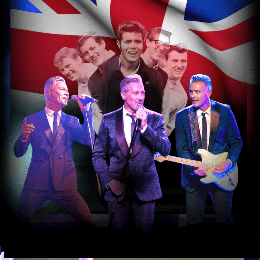 Three men in suits perform on stage with microphones and a guitar, with a British flag and a vintage photo of five young men in the background.