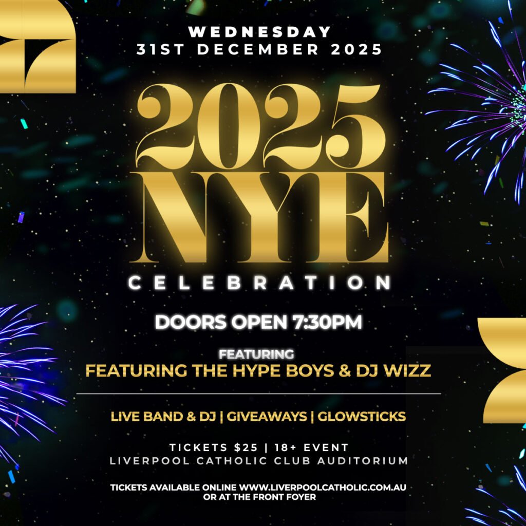 Gold “2025 NYE Celebration” event poster with event details, fireworks graphics, and information about live music, giveaways, and ticket prices.