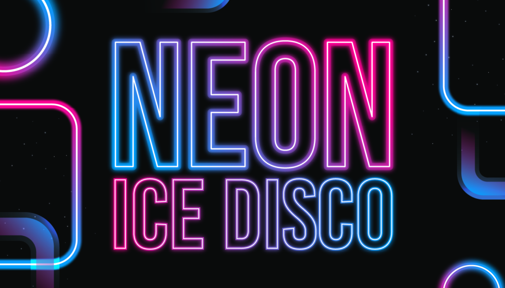 Text reads “Neon Ice Disco” in bold, glowing blue and pink letters on a black background with neon squares and lines.