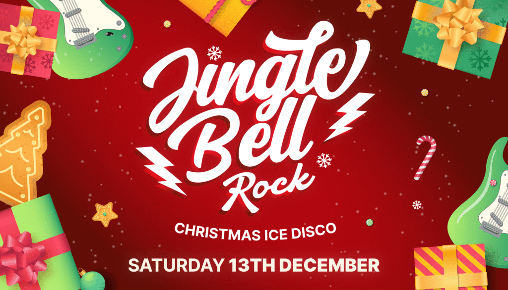 Jingle Bell Rock Christmas Ice Disco event poster with guitars, gifts, cookie, candy cane, and snowflakes on a red background. Event date: Saturday 13th December.