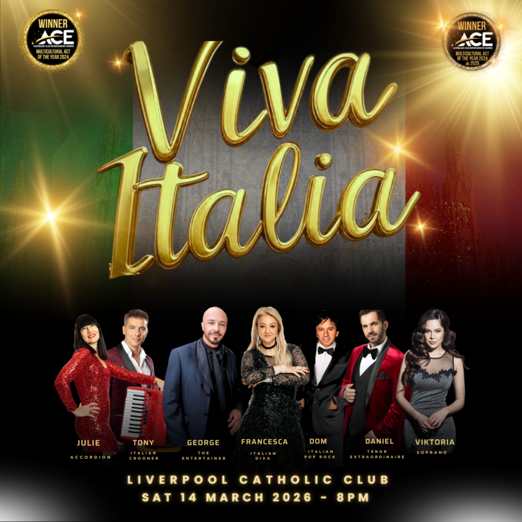 Promotional poster for "Viva Italia" concert featuring seven performers, scheduled at Liverpool Catholic Club on Saturday, 14 March 2026, 8 PM.