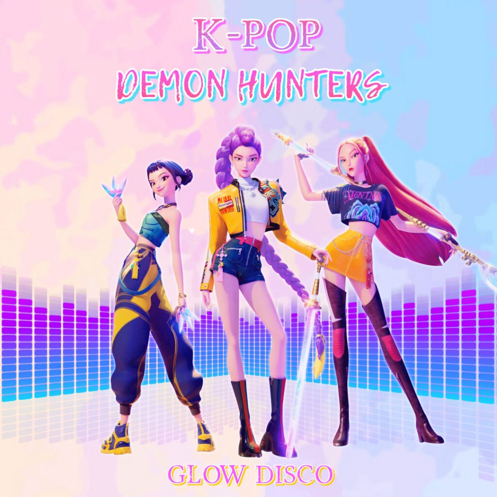 Three animated female characters in colorful, futuristic outfits pose confidently with glowing weapons in front of a pastel gradient background and equalizer graphics. Text reads “K-POP DEMON HUNTERS GLOW DISCO.”.