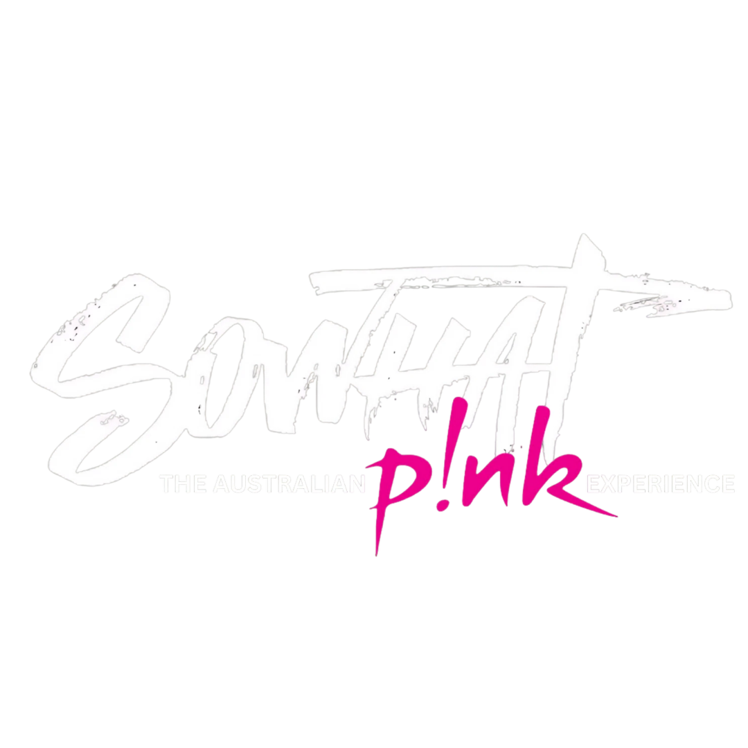 White background with the words "SOMETHAT THE AUSTRALIAN EXPERIENCE" in faint white text, overlaid by “p!nk” in bright pink text.