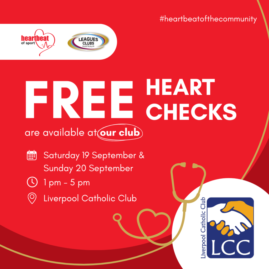 Promotional flyer for free heart checks at Liverpool Catholic Club on 19–20 September, 1–5 pm, with event logos, stethoscope graphic, and hashtag #heartbeatofthecommunity.
