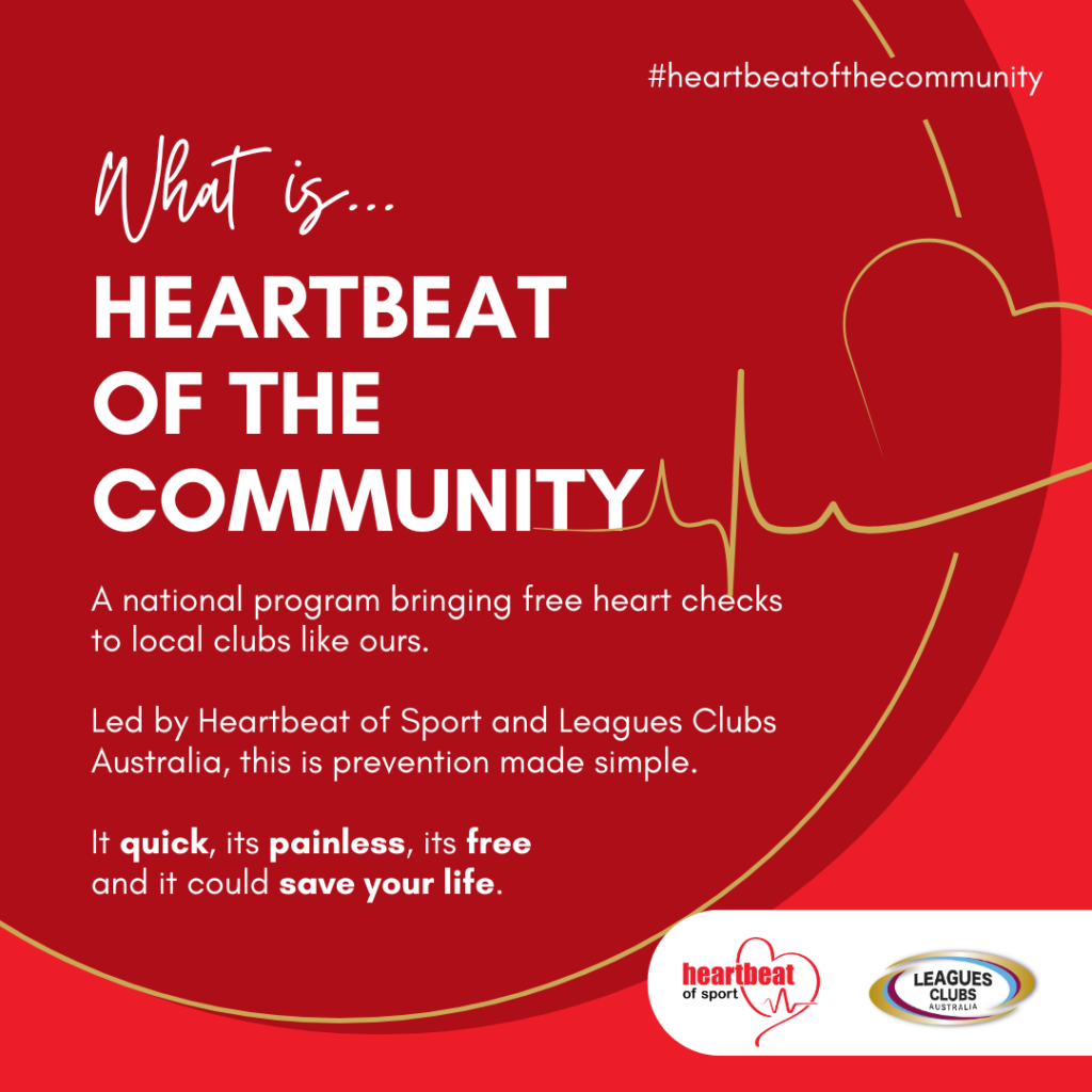 Red promotional graphic for Heartbeat of the Community, a program offering free, quick, and painless heart checks at local clubs, partnered by Heartbeat of Sport and Leagues Clubs Australia.