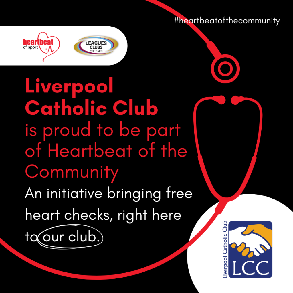 A promotional graphic for Liverpool Catholic Club’s Heartbeat of the Community initiative, offering free heart checks, featuring a stethoscope and club logo on a black background.