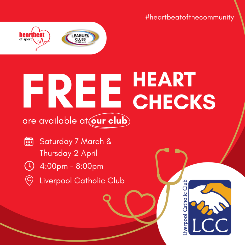 Red and white promotional poster for free heart checks at Liverpool Catholic Club on March 7 and April 2, from 4pm to 8pm, featuring a stethoscope and club logo.