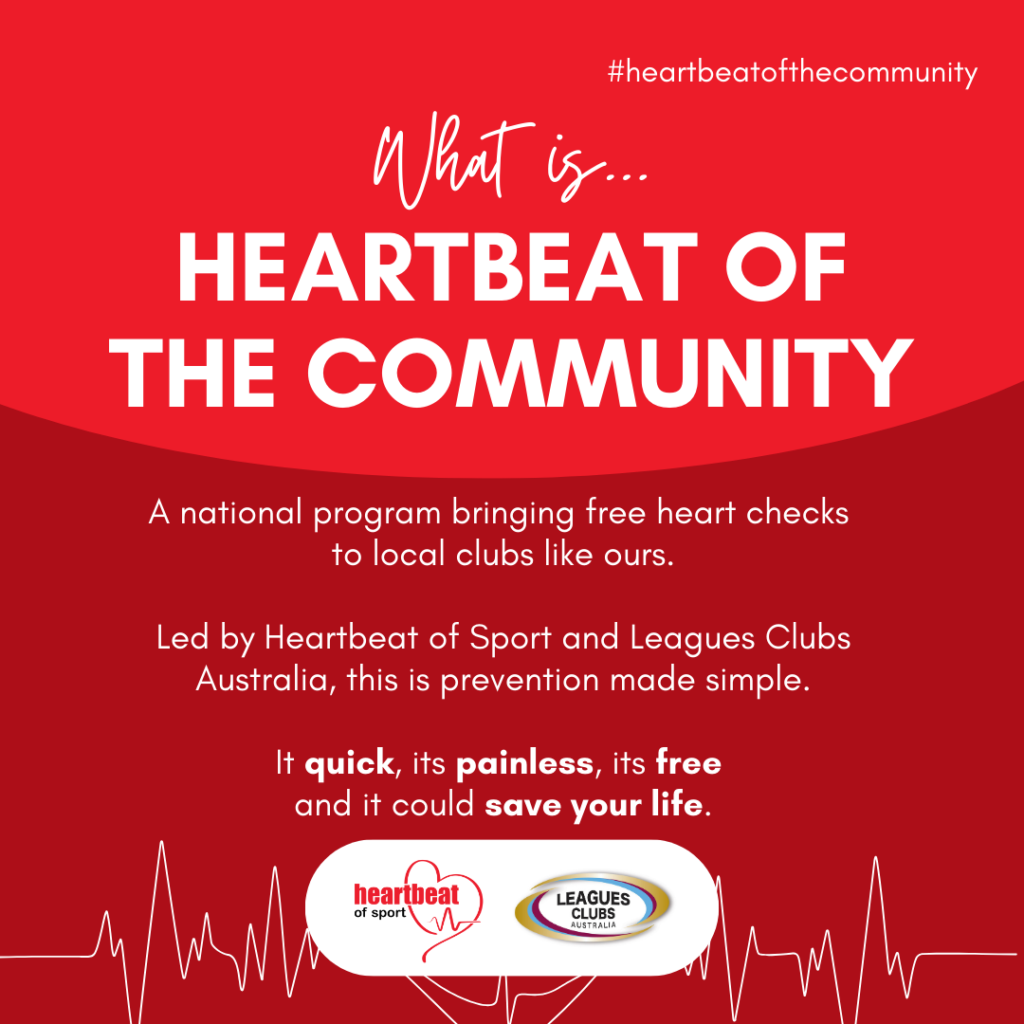 Red and white graphic promoting "Heartbeat of the Community," a program offering free heart checks at local clubs, led by Heartbeat of Sport and Leagues Clubs Australia.
