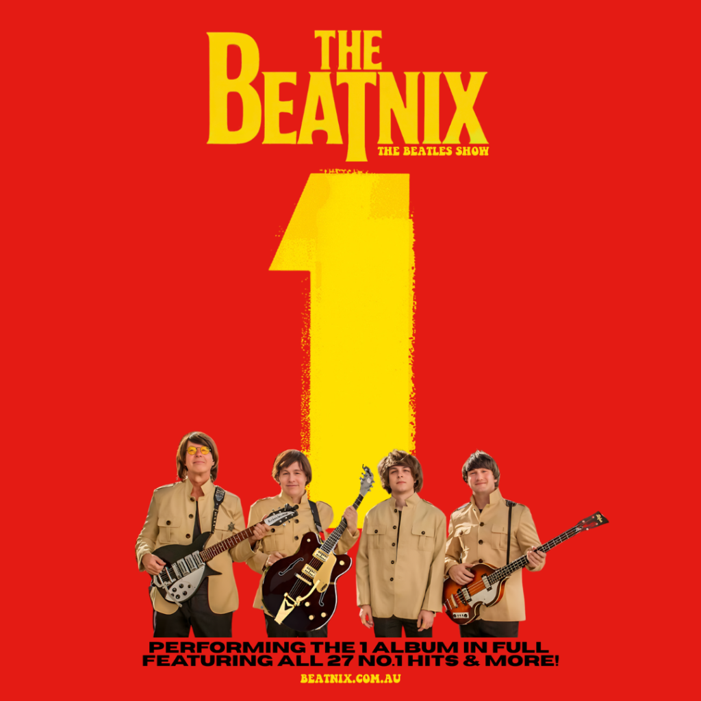 Four musicians dressed in beige jackets holding guitars stand below large yellow text that reads "The Beatnix" and a large yellow number 1 on a bright red background.