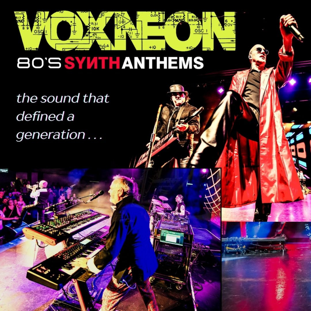 Poster for Voxneon’s “80’s Synth Anthems” show, featuring performers in costume playing synthesizers and guitars on a colorful, neon-lit stage.