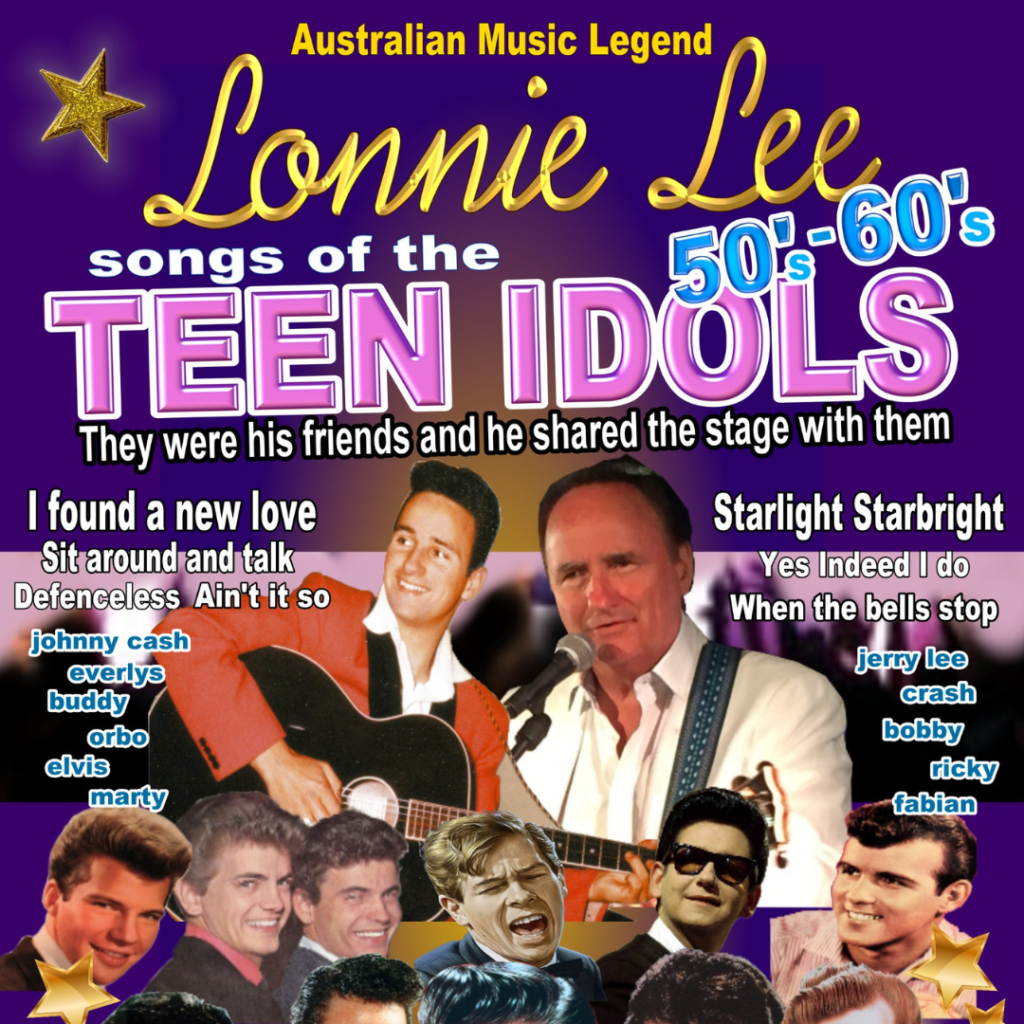 Promotional poster for Lonnie Lee featuring images of him, song titles, and names of 1950s-60s teen idols such as Johnny Cash, Buddy, and Elvis.