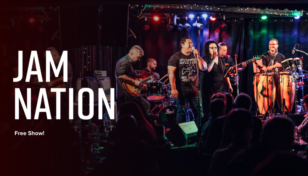 A band performs on stage with instruments and microphones under colorful lights, while an audience watches. The text reads "Jam Nation Free Show!.