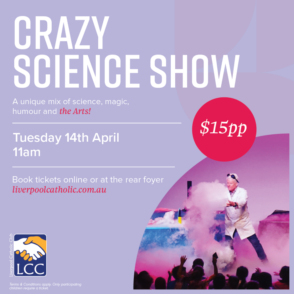 A performer in a white lab coat creates a cloud of smoke on stage at the Crazy Science Show; event details and ticket price are displayed.