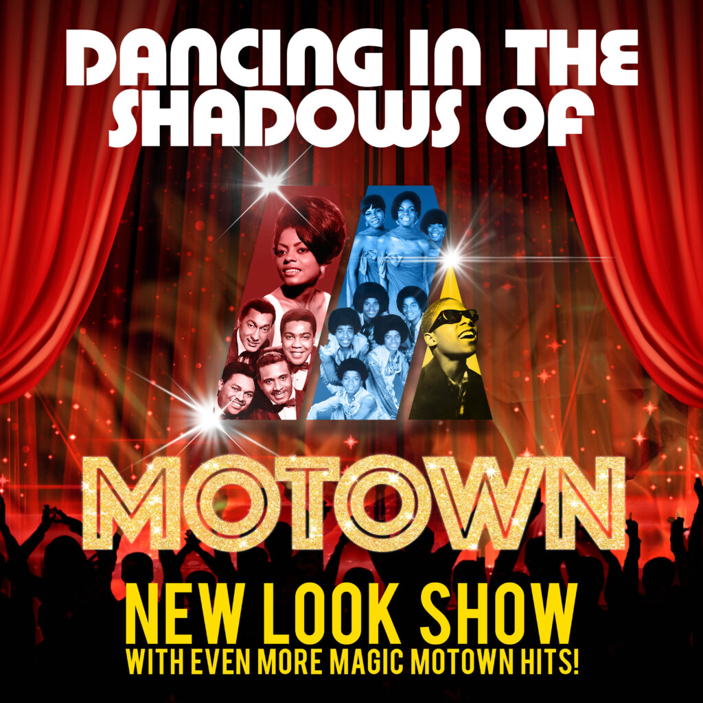 A promotional image for "Dancing in the Shadows of Motown" with performers' photos, red curtains, and text announcing a new show featuring Motown hits.