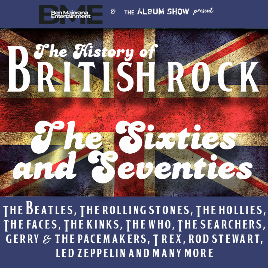 Poster for "The History of British Rock: The Sixties and Seventies" featuring a Union Jack background and names of famous bands like The Beatles, The Rolling Stones, and Led Zeppelin.