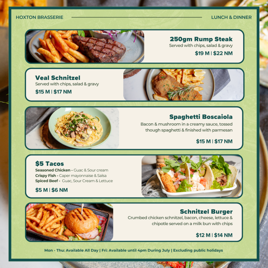 Menu board displaying lunch and dinner options with images: rump steak, veal schnitzel, spaghetti boscaiola, tacos, and a schnitzel burger, with prices for members and non-members.