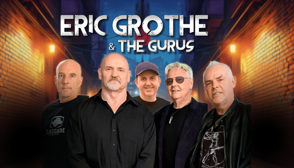 Five men stand together in front of a colorful, illuminated alleyway backdrop with the text "Eric Grothe & The Gurus" above their heads.