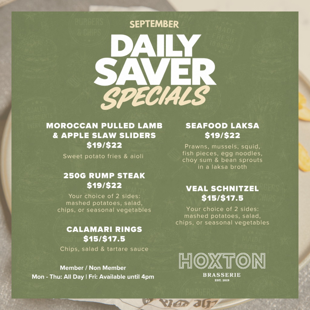 Menu with four daily specials: Moroccan lamb sliders, rump steak, calamari rings, and seafood laksa, plus veal schnitzel; prices listed for members and non-members; available at Hoxton Brasserie.