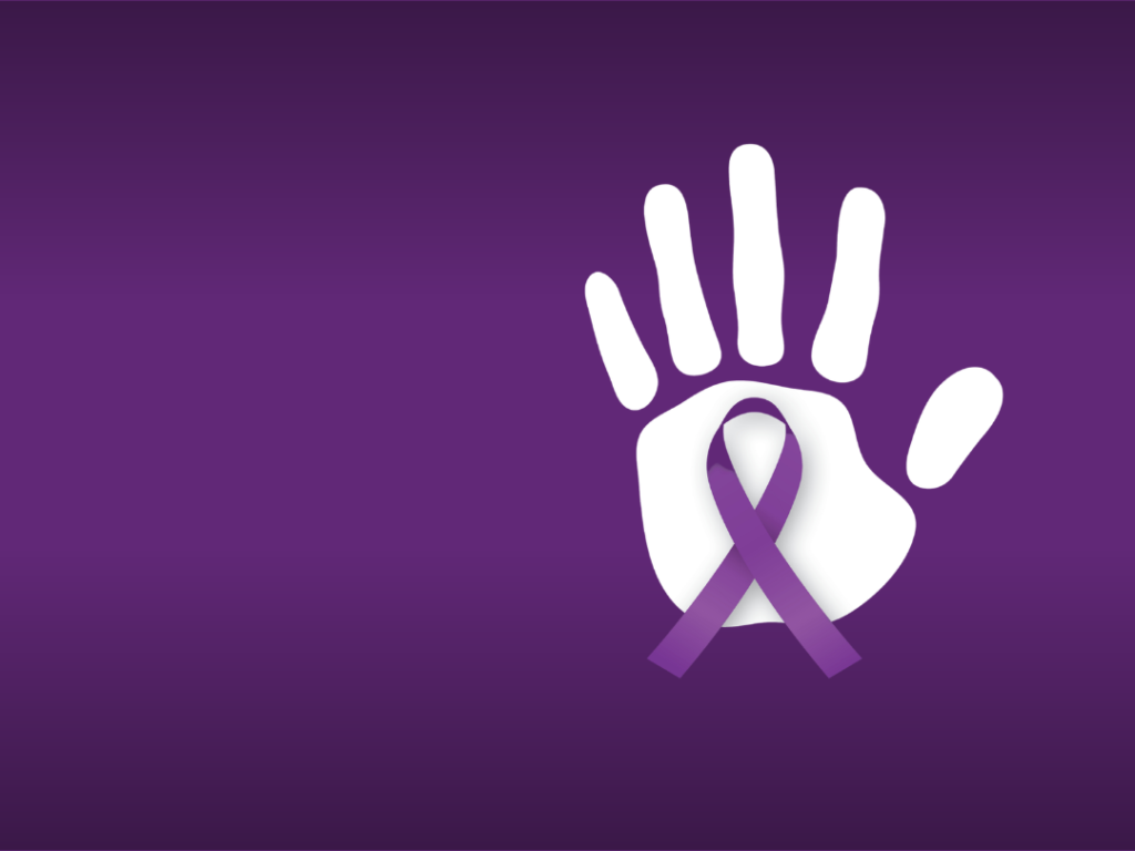 A white handprint with a purple awareness ribbon over the palm is shown on a purple background.