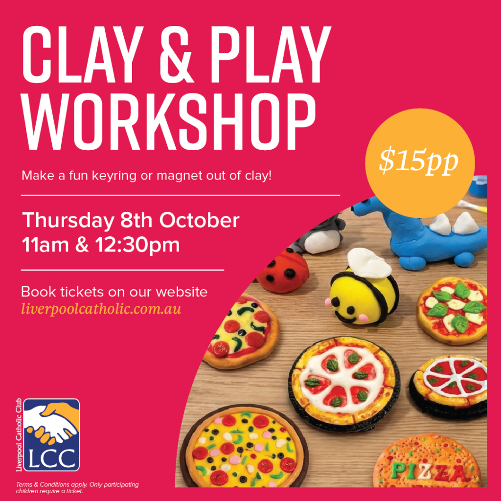 Colorful clay models of pizzas, a bee, and a blue dog on a table, with workshop details and ticket information for a clay crafting event on a red background.