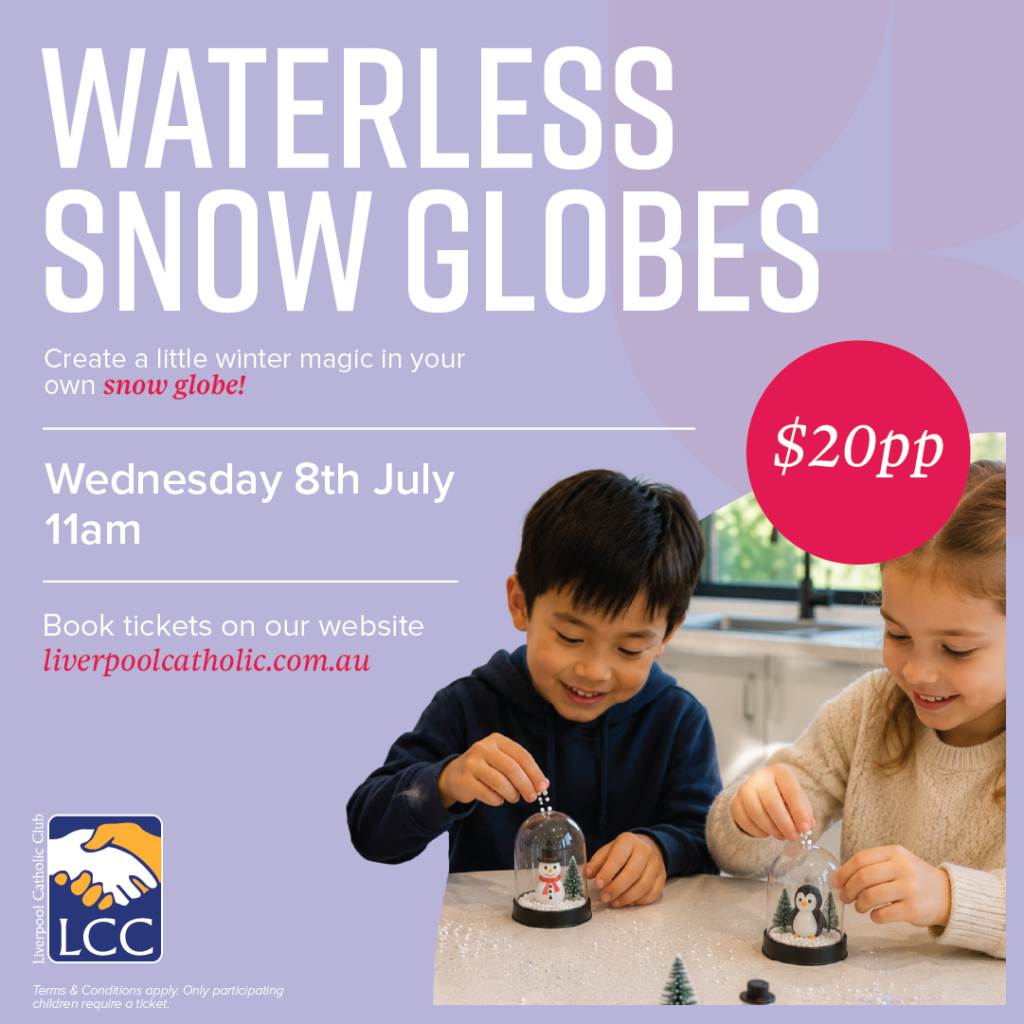 Two children sit at a table making waterless snow globes, with event details and booking information for a snow globe workshop provided in text.