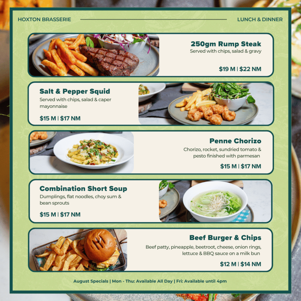 Menu with four dishes and prices: rump steak, salt & pepper squid, penne chorizo, combination short soup, and beef burger & chips. August specials, prices differ for members and non-members.