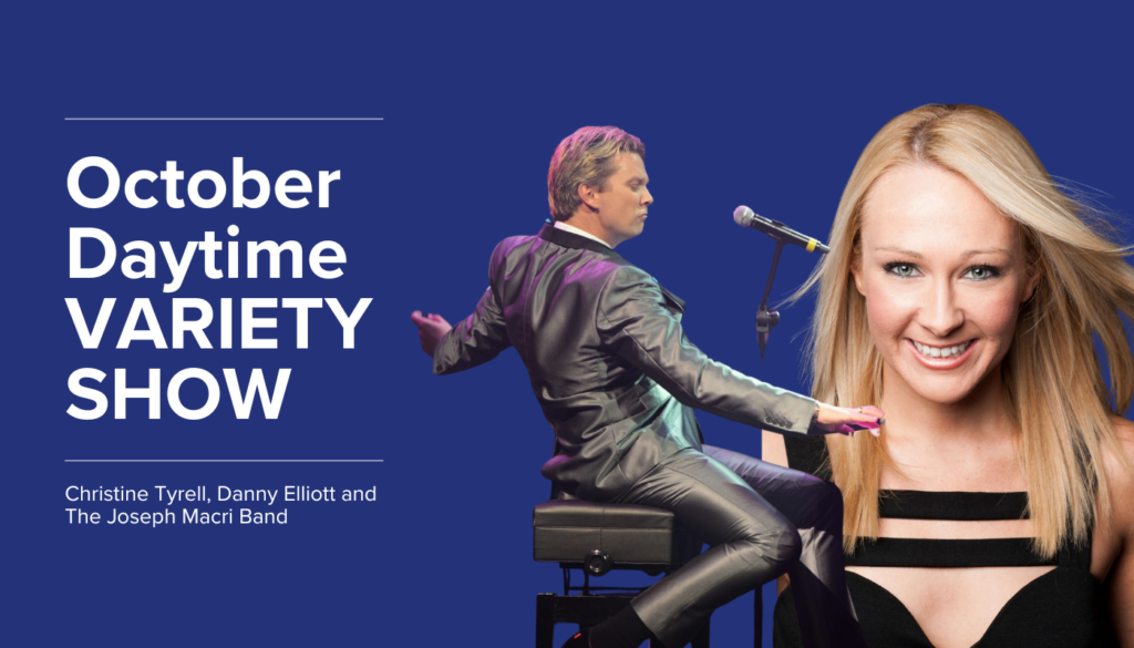 Promotional image for October Daytime Variety Show featuring a man playing piano and a smiling blonde woman on a blue background.