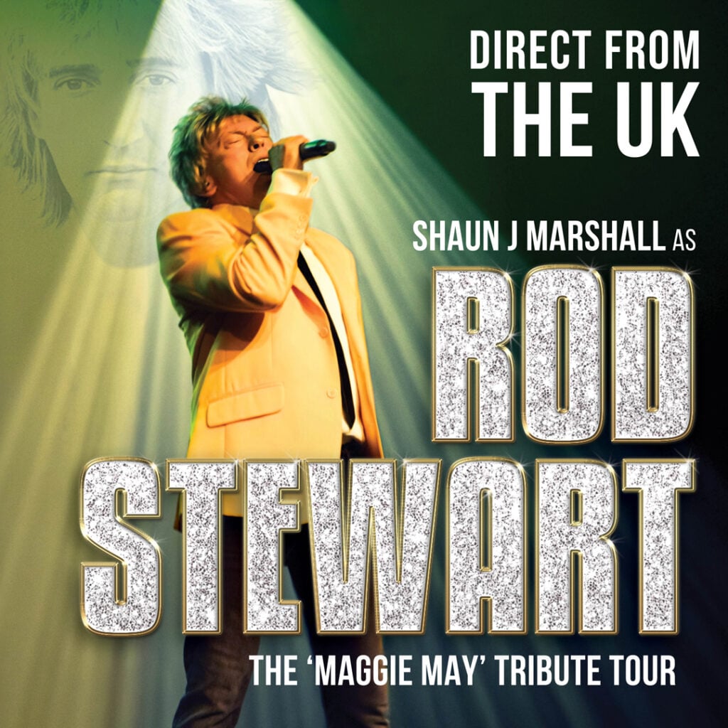 A man in a light suit sings into a microphone on stage; text promotes Shaun J Marshall as Rod Stewart in a UK 'Maggie May' tribute tour.